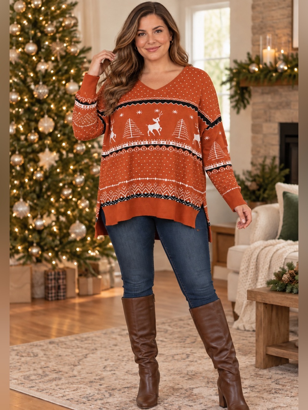 NWT Burnt Orange Reindeer Christmas Sweater Women’s Large Fair Isle Tunic